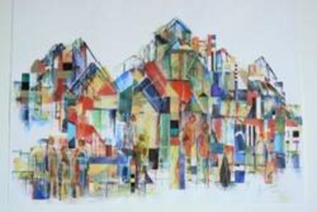 Stadtgespräch, Aquarell-Collage, 75 x 100 cm